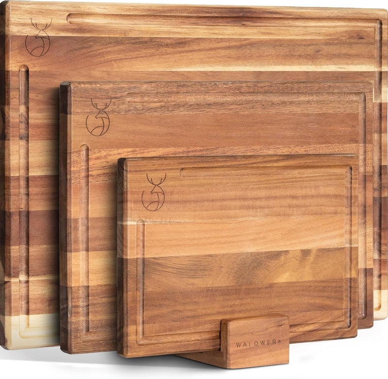 WALDWERK Cutting Board Set (15.75 x 12/13 x 9.5/10 x 7 in) out of Solid Acacia Wood - 0,8 in Thick Cutting Boards for Kitchen - Wood Cutting Boards - Wooden Chopping Boards for Kitchen - Image 1